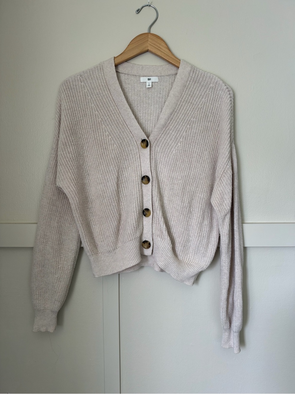 BP Nordstrom Ribbed Knit Cropped Cardigan Sweater Oatmeal Shaker Stitch Small